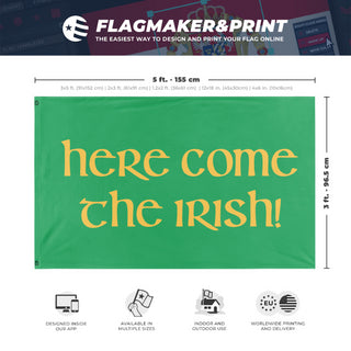 A mockup depicting custom flag specifications and measurements for 'Here Come The Irish flag'