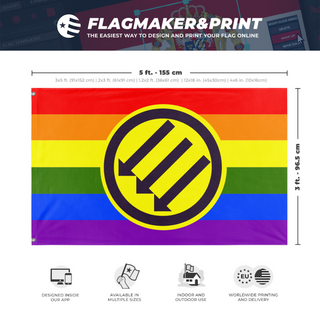 A mockup depicting custom flag specifications and measurements for 'Iron Front Pride flag'