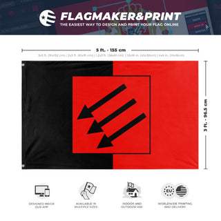 A mockup depicting custom flag specifications and measurements for 'Eiserne Front'