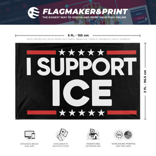 A mockup depicting custom flag specifications and measurements for 'ICE Support Flag'