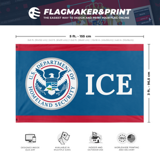 A mockup depicting custom flag specifications and measurements for 'ICE flag'