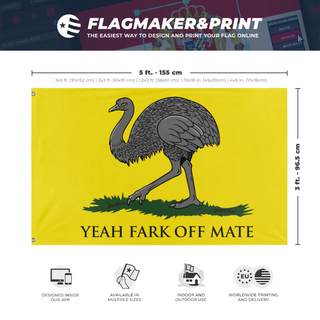 A mockup depicting custom flag specifications and measurements for 'Australian Ostrich Gadsden flag'