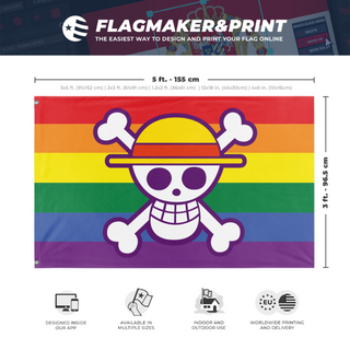 A mockup depicting custom flag specifications and measurements for 'One Piece Pride flag'