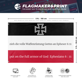 A mockup depicting custom flag specifications and measurements for 'German Empire  Ephesians 6: 11  flag'