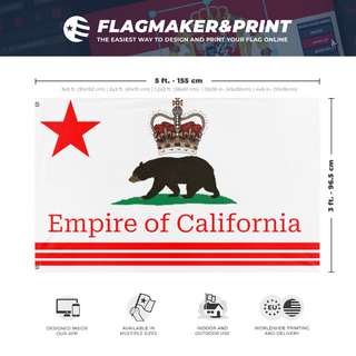 A mockup depicting custom flag specifications and measurements for 'Empire of California  flag'