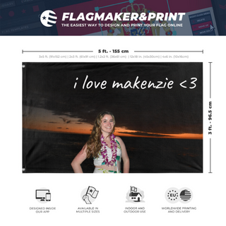 A mockup depicting custom flag specifications and measurements for 'makenzie flag'