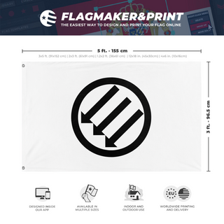 A mockup depicting custom flag specifications and measurements for 'Black and White Iron Front flag'