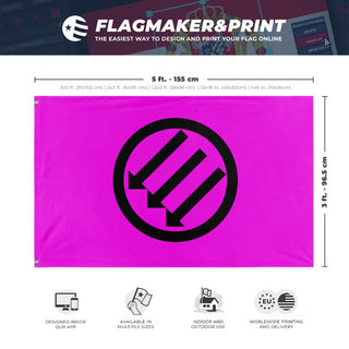 A mockup depicting custom flag specifications and measurements for 'Pink Iron Front flag'
