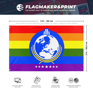 A mockup depicting custom flag specifications and measurements for 'Super Gay Super Earth flag'