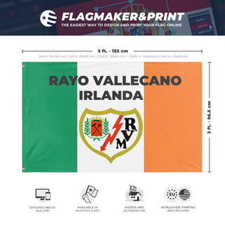 A mockup depicting custom flag specifications and measurements for 'RAYO VALLECANO flag'