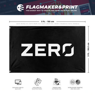 A mockup depicting custom flag specifications and measurements for 'ZERO flag'