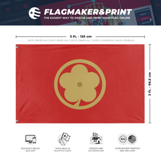 A mockup depicting custom flag specifications and measurements for 'Montenegrin Flower flag'