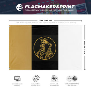 A mockup depicting custom flag specifications and measurements for 'AHS Saxes flag'