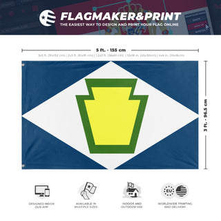 A mockup depicting custom flag specifications and measurements for 'Keystone Diamond flag'