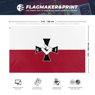 A mockup depicting custom flag specifications and measurements for 'Grupa Falanga flag'