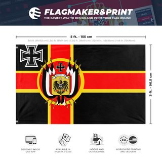 A mockup depicting custom flag specifications and measurements for 'Empire of Germany flag'