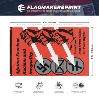 A mockup depicting custom flag specifications and measurements for 'American Iron Front Vertical flag'