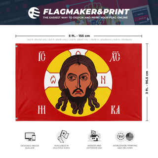 A mockup depicting custom flag specifications and measurements for 'Holy Face of Christ flag'