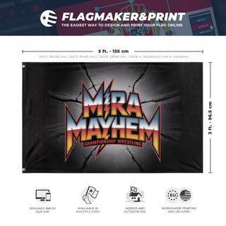 A mockup depicting custom flag specifications and measurements for 'MiraMayhem flag'