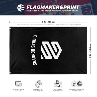 A mockup depicting custom flag specifications and measurements for 'Sharp3d flag'