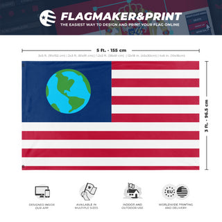 A mockup depicting custom flag specifications and measurements for 'Earthican Space America flag'