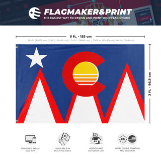 A mockup depicting custom flag specifications and measurements for 'Colorado Pueblo city flag redesign'