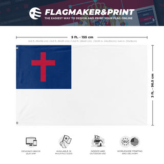 A mockup depicting custom flag specifications and measurements for 'Christian flag'