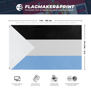 A mockup depicting custom flag specifications and measurements for 'Sun Bleached Palestine flag'