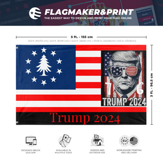 A mockup depicting custom flag specifications and measurements for 'Trump 2024 Betsy Ross / appeal to heaven flag'