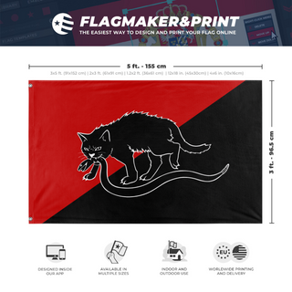 A mockup depicting custom flag specifications and measurements for 'Sabot Tabby Cat flag'