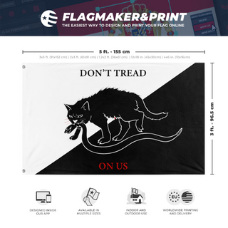 A mockup depicting custom flag specifications and measurements for 'Anarchist Cat flag'