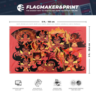 A mockup depicting custom flag specifications and measurements for 'Burning Spice Cookie  flag'