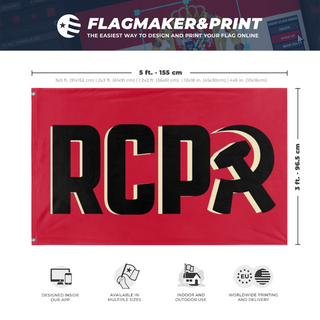 A mockup depicting custom flag specifications and measurements for 'RCP Black on Tan flag'