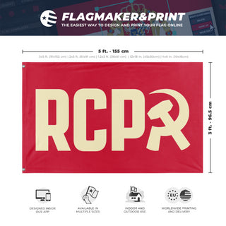 A mockup depicting custom flag specifications and measurements for 'RCP Tan Flag'