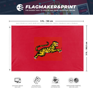 A mockup depicting custom flag specifications and measurements for 'BIRU EMPIRE flag'