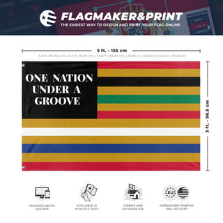 A mockup depicting custom flag specifications and measurements for 'One Nation Under A Groove flag'