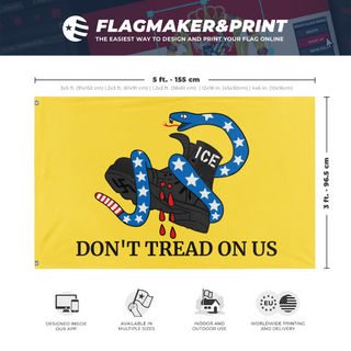 A mockup depicting custom flag specifications and measurements for 'Anti-ICE Gadsden flag'