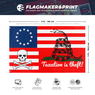 A mockup depicting custom flag specifications and measurements for 'Taxation is Thief  flag'
