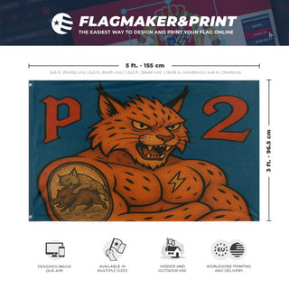 A mockup depicting custom flag specifications and measurements for 'P2 Modife body flag'