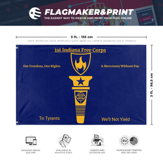 A mockup depicting custom flag specifications and measurements for '1st Indiana Free Corps flag'