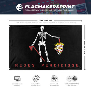 A mockup depicting custom flag specifications and measurements for 'Reges Prdidisse flag'