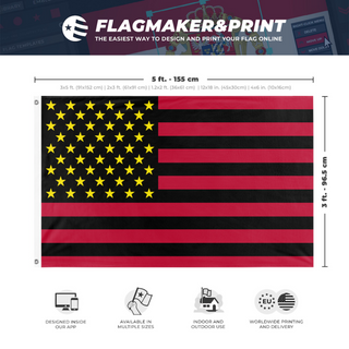 A mockup depicting custom flag specifications and measurements for 'The United Enneaic Saints Flag Of The United States Of America'