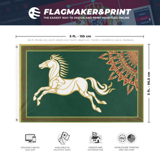 A mockup depicting custom flag specifications and measurements for 'Rohan Flag'