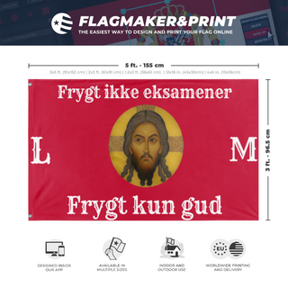 A mockup depicting custom flag specifications and measurements for 'Ekssamens flag'