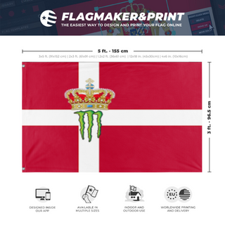 A mockup depicting custom flag specifications and measurements for 'Monstermakr flag'