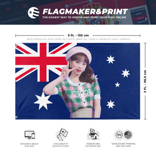 A mockup depicting custom flag specifications and measurements for 'CHAEWON flag'
