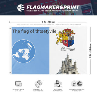 A mockup depicting custom flag specifications and measurements for 'the flag of thtsetyvile'