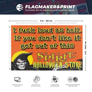 A mockup depicting custom flag specifications and measurements for 'SpiritHalloween flag'