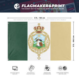A mockup depicting custom flag specifications and measurements for 'The Kingdom of Cosalia flag'