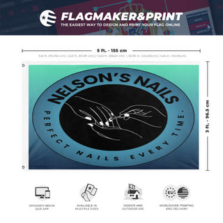 A mockup depicting custom flag specifications and measurements for 'Nelsons nails  flag'